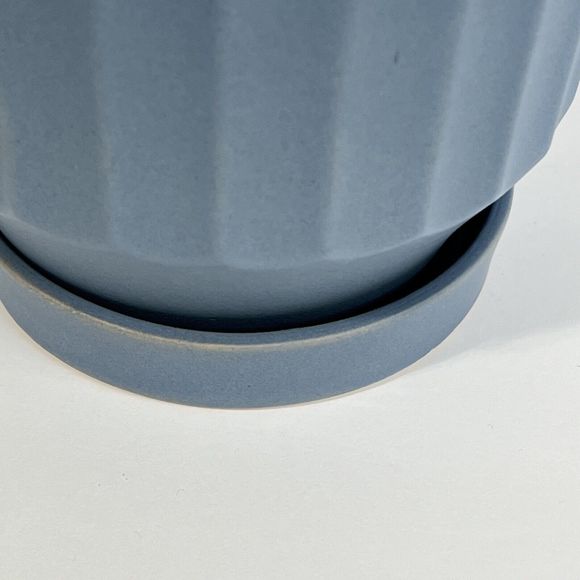 Bombay Ribbed Ceramic Planter 5.5” Drainage Hole Saucer Matte Blue Flower Pot - Picture 13 of 14